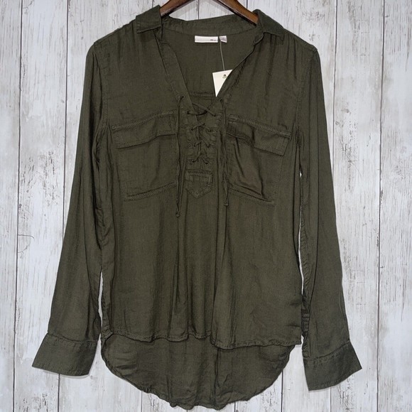 SO Tops - SO Lace Up Utility Shirt Olive Green Long Sleeve Button Pocket Women's Size M